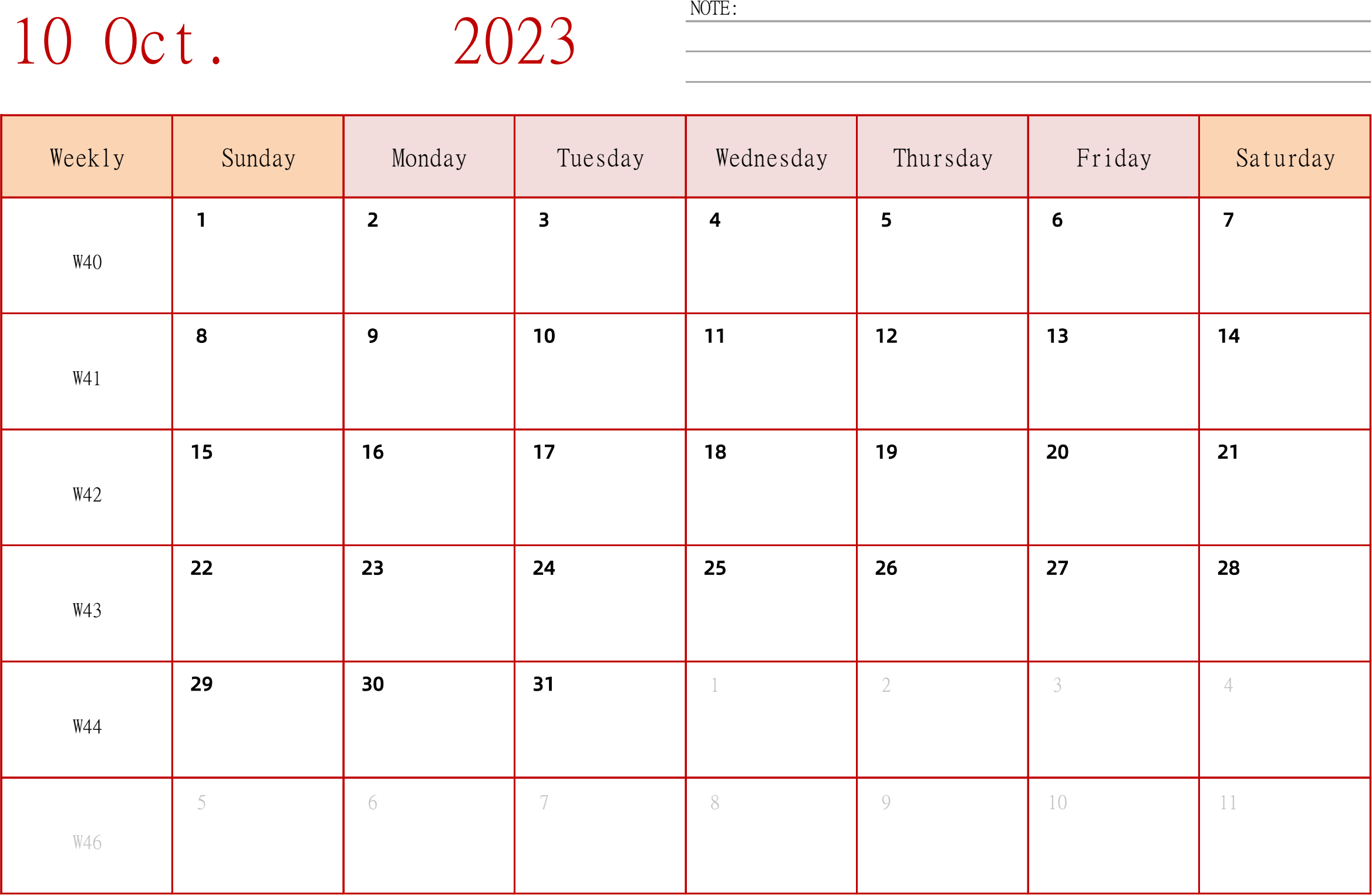 日历表2023年日历 英文版 横向排版 周日开始 带周数